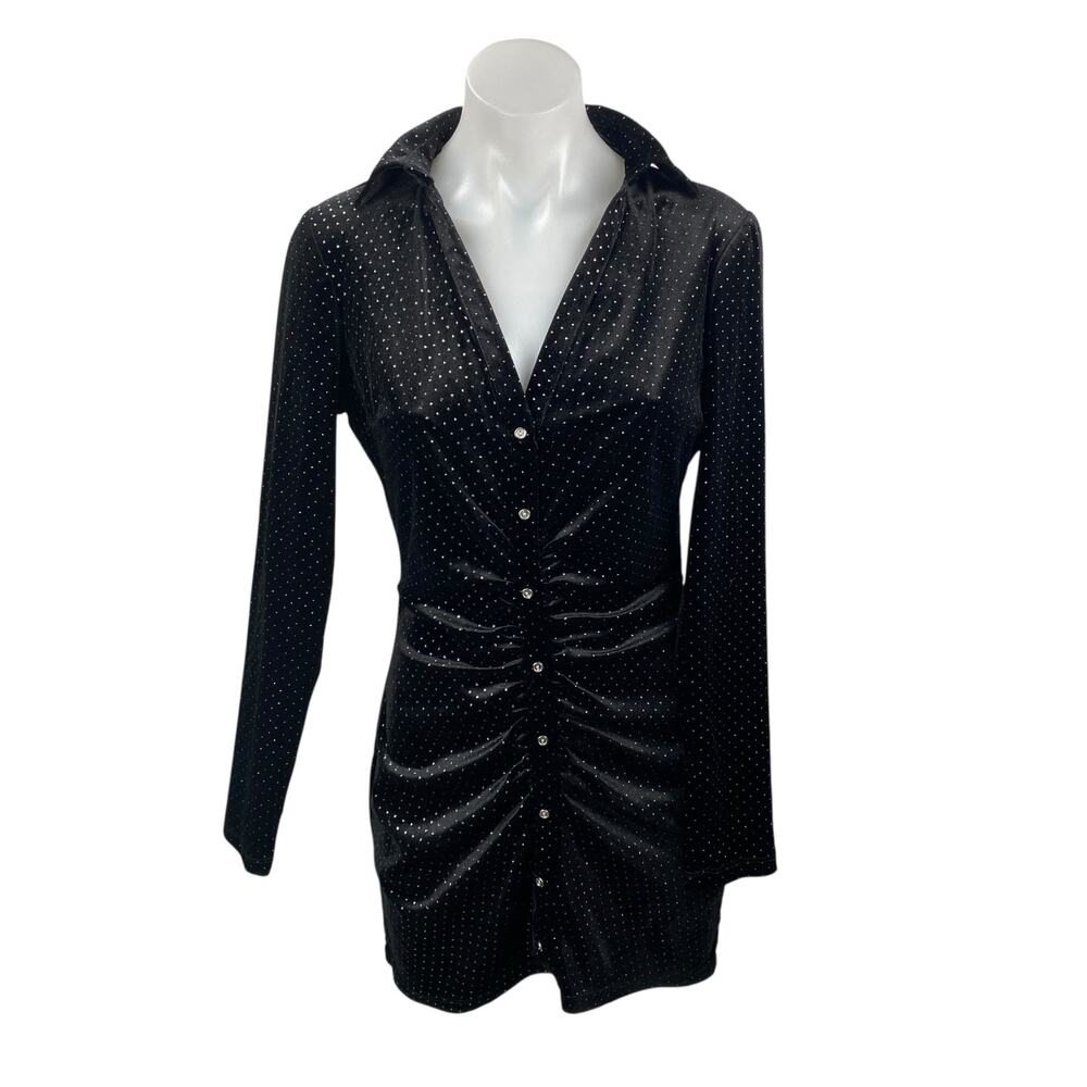 Zara Black Metallic Dot Velvet Ruched Button-Down Long Sleeve Mini Shirt Dress S
